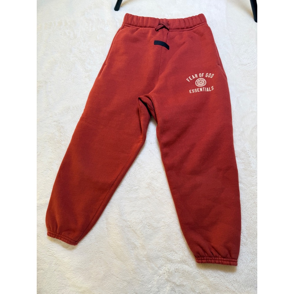Fear of God Essentials Sweatpants Kids 8 Crimson Red University Logo Joggers - Picture 3 of 12